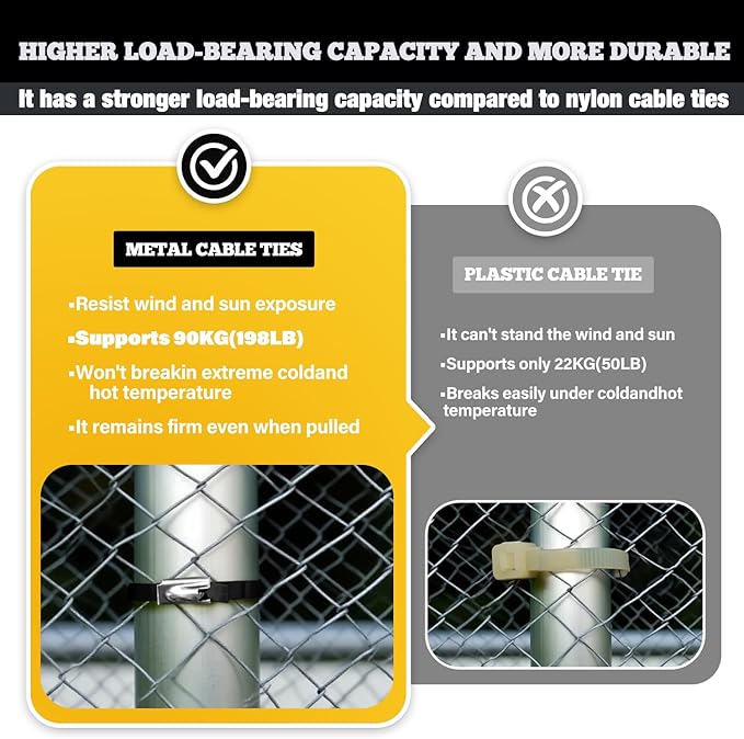 Black Metal Zip Ties Heavy Duty Outdoor 11.8 Inch 100pcs 304 Stainless Steel UV-Resistant Cable Ties for Chain Link Fence Parts, Poultry Fence Fixing & Exhaust Wrapping