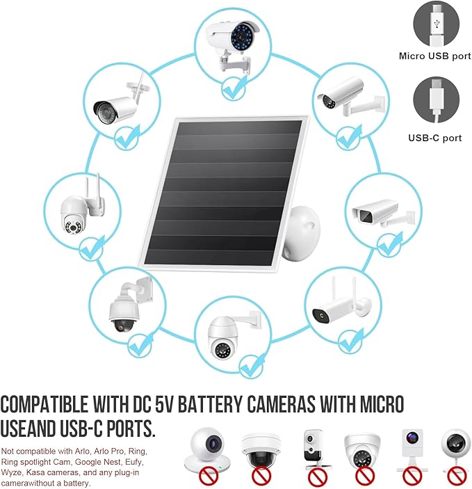 6W Solar Panel Charger, Solar Panel with Micro USB & USB-C Port for DC 5V Outdoor Rechargeable Battery Camera, IP66 Waterproof, 360° Adjustable Security Mount, 2PC