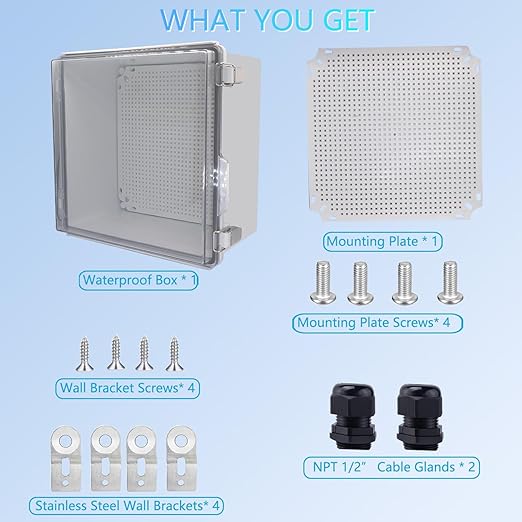 IP67 Waterproof Junction Box, ABS Plastic Electrical Enclosure with Stainless Steel Latch, Hinged Cover Electric Box with Mounting Plate, Wall Brackets & Cable Glands 300x300x180mm