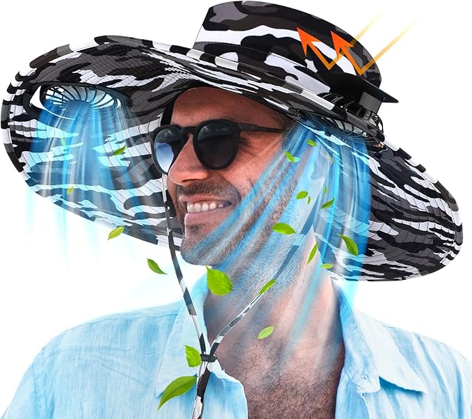 Berlune Men Sun Hat with 2 Solar Fans Wide Brim Outdoor Fishing Hat USB & Solar Powered for Sun Protection Camping Hiking