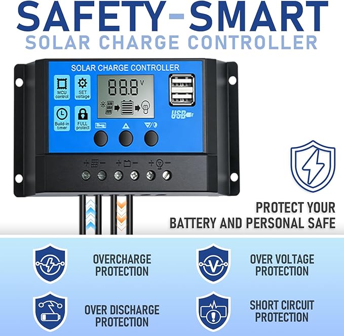 Solar Panel Kit 100W 12V Monocrystalline,Battery Maintainer +20A Solar Charge Controller +16.4Ft Extension Cable with Battery Clips O-Ring Terminal for RV Marine Boat Off Grid System