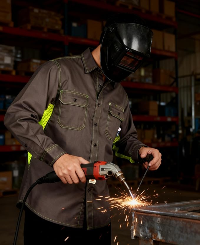 BOCOMAL FR Shirt for Summer Lightweight Vented Mesh Back and Underarm Breathable Flame Resistant Welding Button Down Shirts