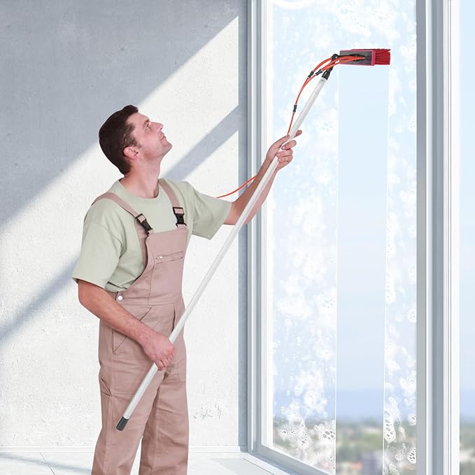 Water Fed Pole Kit 26 FT Adjustable Window Cleaning Pole w/ 66ft Hose & 180° Rotating Brush Head, Telescopic Washing Equipment Window Glass Cleaner Tool for Caravan Solar Panel Deck