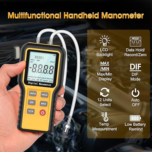 Digital Manometer Gas Pressure Tester with ±0.3% FSO Resolution, Differential Pressure Gauge with 12 Optional Units, Portable Air Pressure Gauge with LCD Backlight.