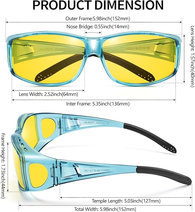 URUMQI Night Vision Driving Glasses Fit Over Eyeglasses for Men Women, Anti Glare Polarized Nighttime Glasses Yellow Lens