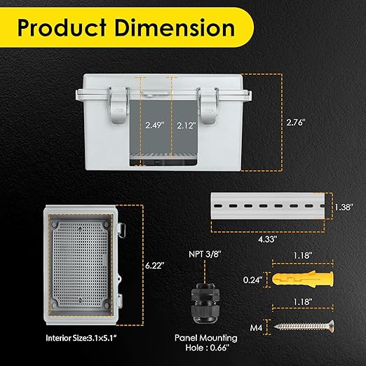 Waterproof Electrical Junction Box, IP67 Plastic Weatherproof Electrical Enclosure with Aluminum DIN Rail, Mounting Plate, Wall Brackets for DIY Project WiFi(5.9"×3.9"×2.8")