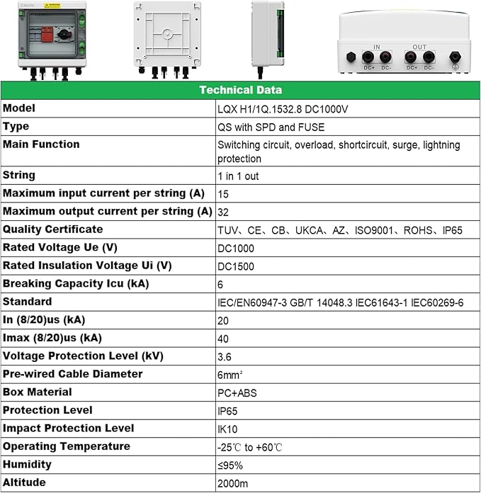 IP65 Solar PV Combiner Box DC1000V 32A Circuit Breaker with Surge Protector and 15A PV Fuses, 1in 1out Disconnect Switch Outdoor Waterproof for Solar Panels System