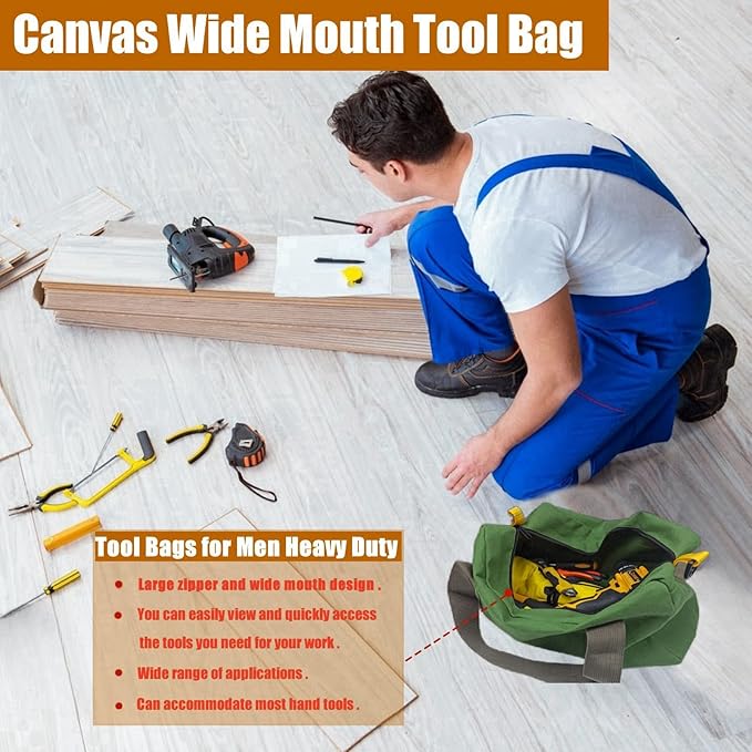 Small Tool Bag, Canvas Wide Mouth Tool Bag, Large Capacity Tool Bags for Men, Portable Home Tool Organizer for Storage Handbag for Screwdrivers, Wrench, Plier, Nails, Pliers Repair Hand Tools -12 Inch