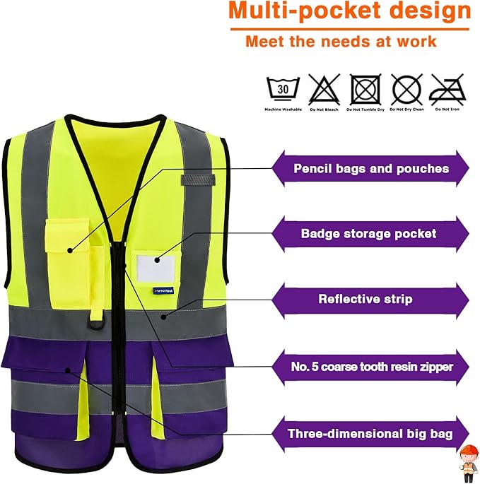 A-SAFETY Reflective Safety Vest, Hi Vis 9 Pockets High Visibility Zipper Front Safety Vest, Yellow&Purple Color Mixed, L