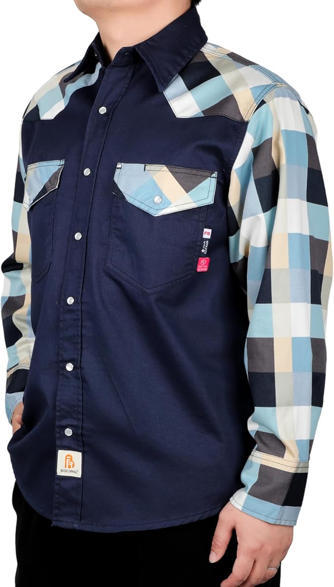 BOCOMAL FR Shirts Pearl Snaps Two Tone Plaid/Solid Flame Resistant Cotton Welding Shirt NFPA 2112 CAT 2