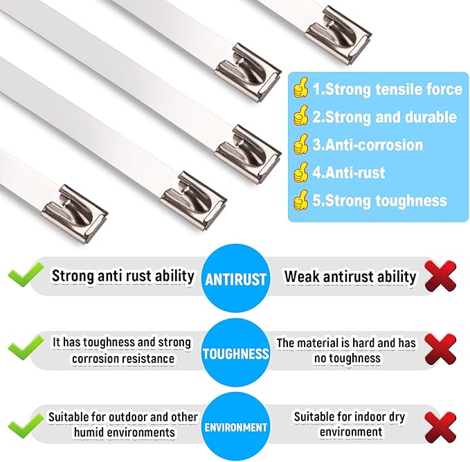 Metal Zip Ties, 60 Inch Extra Long 390Lb Stainless Steel Cable Ties, Heavy Duty Self-Locking Strap Ties, Strength for Exhaust Wrap, Garden Ties, pipes, Outdoor UV Resistant Large Tie Wraps 30 Pcs