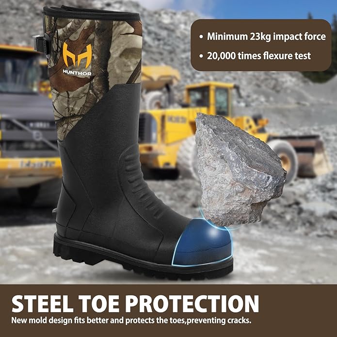 Rubber Work Boots, Puncture-Proof with Steel Toe & Shank, Lightweight Waterproof Anti Slip EVA Outsole Hunting Boots for Men, 6mm Neoprene for Construction, Manufacturing or Farming(Size 6-14)