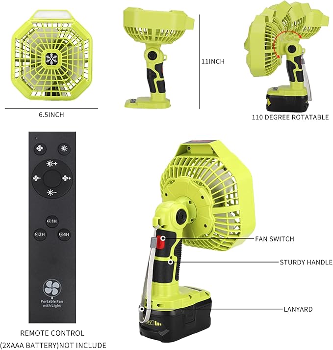 Taingwei Cordless Fan with Remote for Ryobi 18v Battery,Portable Fan with 3 Energy Efficient Speed Settings and Dimmable Led Light (TOOL ONLY)