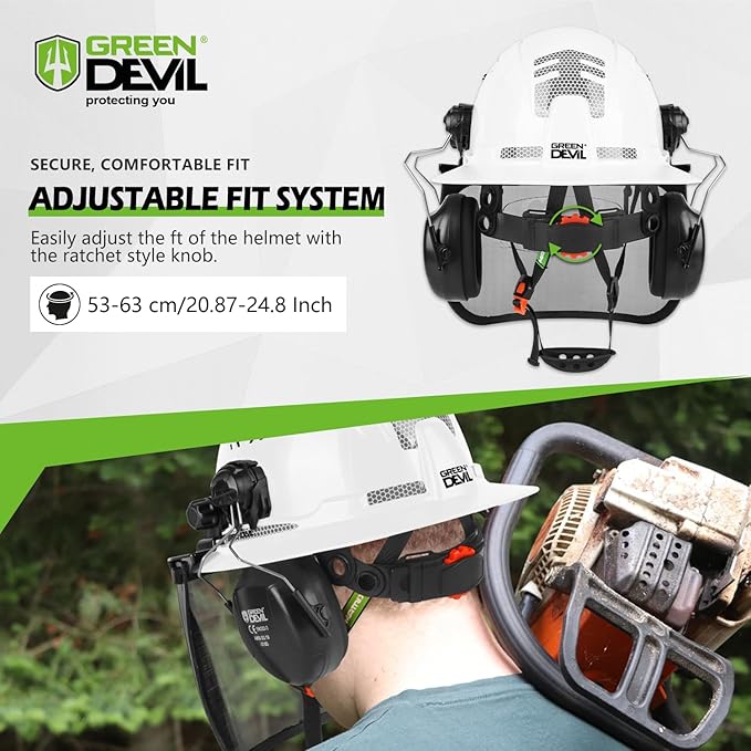 GREEN DEVIL Industrial Chainsaw Helmet with Face Shield Built in Visor and Ear Muffs 4 in 1 System ANSI Z89.1 Safety Hard Hat Adjustable Headgear Ideal for Forestry and Arborist Work Full Brim Style