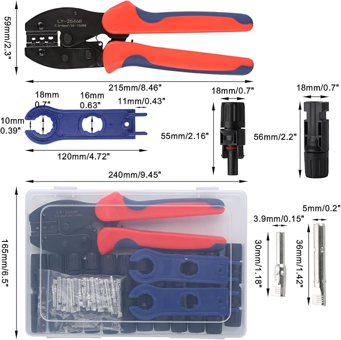 Solar Crimping Tool for Solar Panel Cable with 12 Pairs Solar Connectors, 1PCS Solar Crimper, 2 PCS Spanner Wrench, Crimper Tool for 2.5/4/6mm² Solar PV Wire