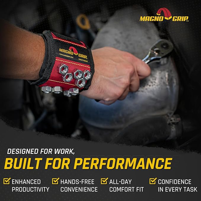 MagnoGrip Magnetic Wristband for Holding Screws, Nails, Drill Bits, Super Strong Magnets, Adjustable Strap, Essential Tool for DIYers, Handyman, Mechanics, Construction & Home Improvement - Red