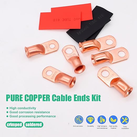 Twidec/32PCS Battery Cable Ends 1/0 AWG 2/0 AWG Heavy Duty Copper Lugs 0 Gauge 00 Gauge Copper Cable Wire Lugs,Coppers Ring Terminals 5/16" and 3/8" with Heat Shrink Tube