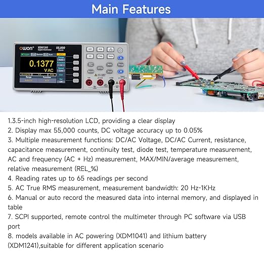 OWON Desktop Digital Multimeter with 3.5-inch LCD Display,Voltage, and Temperature with True RMS Capability,Designed for use in Laboratories, Instruments, and Factories XDM1241