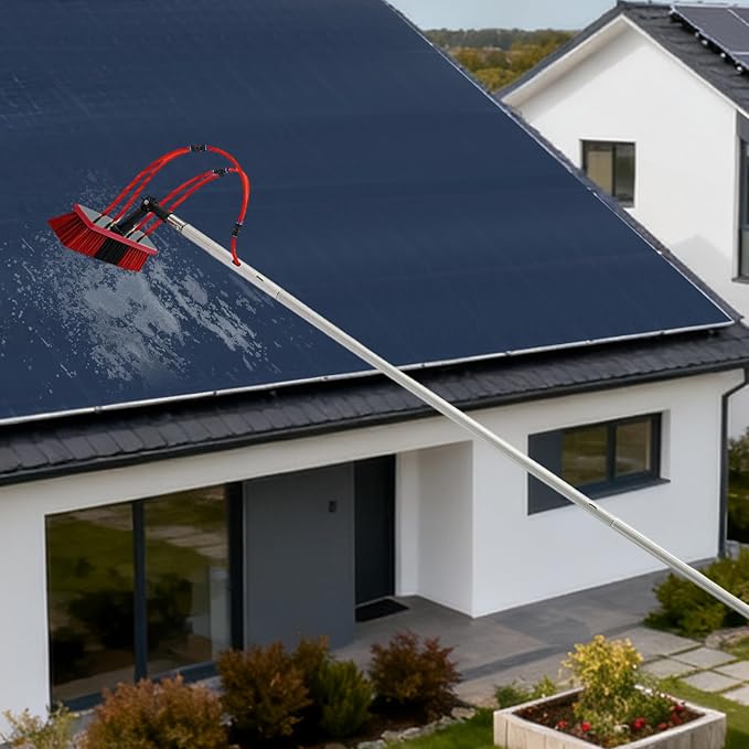 Reach Solar Panel Cleaning Brush Kit, 14" Width Cleaning Brush, Window Washing Equipment Kit with Telescopic Pole 65ft Water Hose Ideal for Snow Removal Windows Boats RVs Decks (19.69ft)
