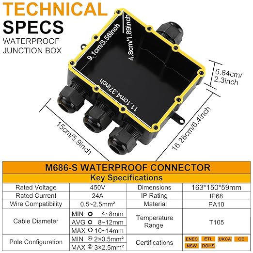 IP68 Waterproof Junction Box Outdoor,4-Way Electrical Splice Box Outdoor with 4 Cable M25 Gland Wire Connector Extension Electrical Cable Protector for Diameter Cable Ø4-14mm Black