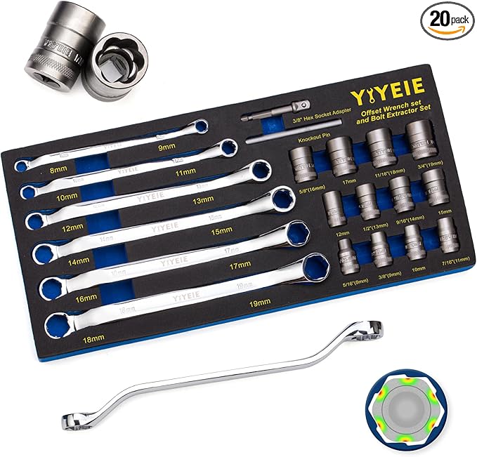 20Pcs Combo Bolt Extractor Kit, 6-Point Offset Extractor Wrench Set, 6Pcs Metric 8-19mm, 14Pcs Eazy Out Bolt Extractor Set, Impact Socket Remover for Stripped, Broken, Rounded Bolts & Nuts