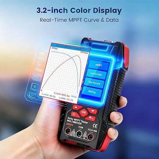 2000W Solar Panel Tester, 2-in-1 MPPT Photovoltaic Meter & 60000-Count Digital Multimeter with 2000V AC/DC, 3.2" Color Display for PV Panel Testing, Installation & Maintenance