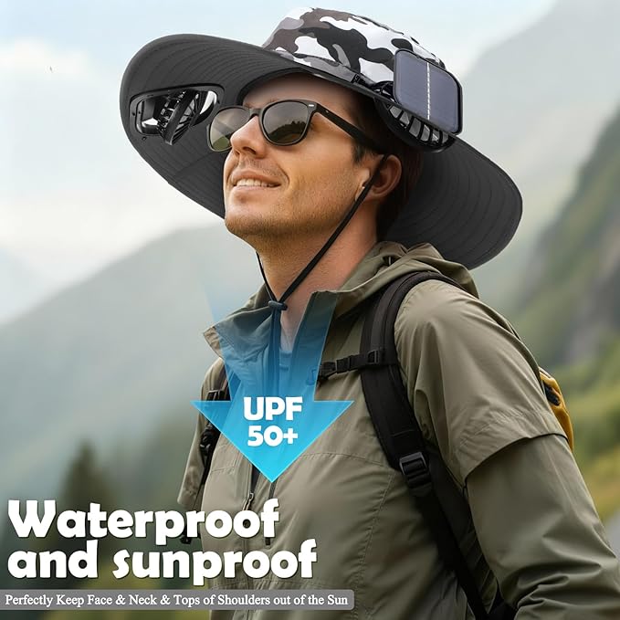 Berlune Men Sun Hat with 2 Solar Fans Wide Brim Outdoor Fishing Hat USB & Solar Powered for Sun Protection Camping Hiking
