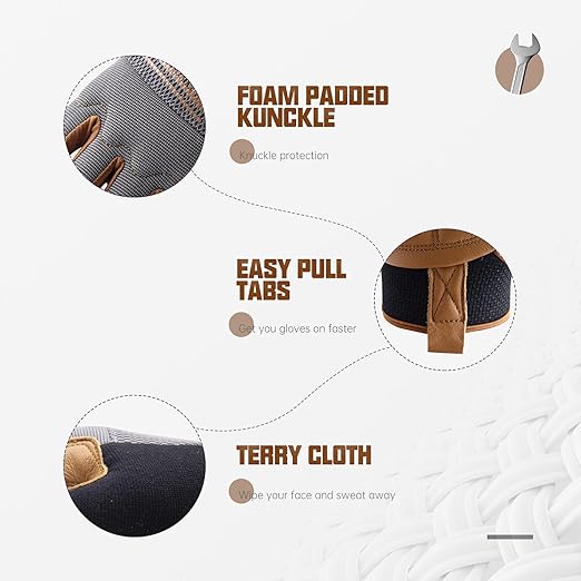 HANDLANDY Leather Work Gloves Mens & Women, Utility Safety Mechanic Working Gloves Touch Screen, Flexible Breathable Yard Work Gloves (Small, Brown-Cowhide Palm)