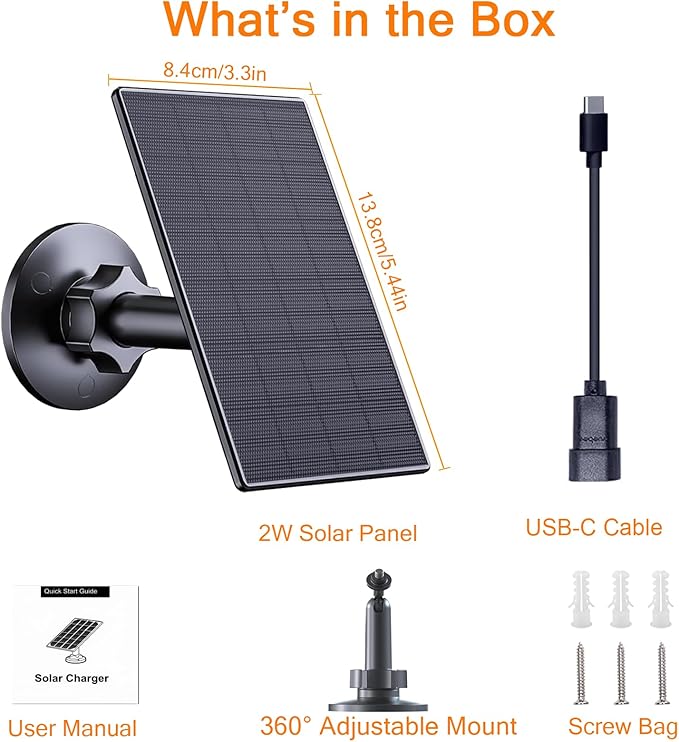 Zivif 2W Solar Panel for Security Cameras, Solar Charger with Micro USB & USB-C Port for Rechargeable Battery Security Camera, 360° Adjustable Mount, Black (2 Pack)