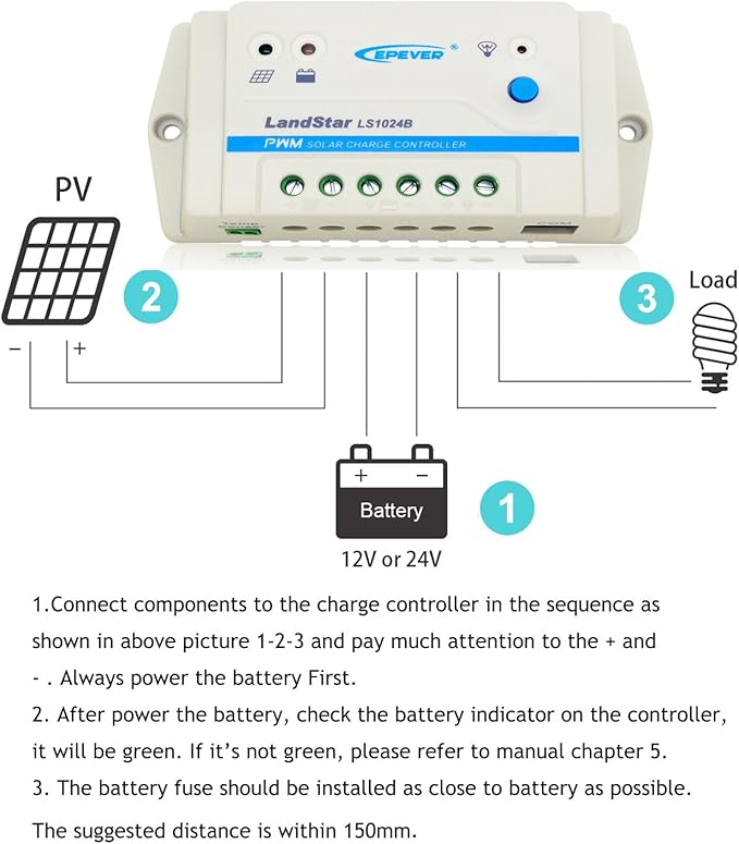 EPEVER Solar Charge Controller 10A PWM Solar Panel Charge Controller Regulator 12/24V Auto Work for Sealed, Gel, Flooded and User Type (LS1024B)