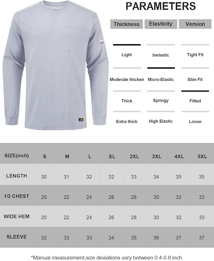 FR Shirts for Summer Crew T-Shirt 5.5OZ Heather Jersey Flame Resistant Long Sleeve Crew T Shirt CAT2