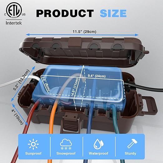 Flemoon Medium Outdoor Electrical Box (11.5x5.2x4 inch), IP54 Waterproof Extension Cord Cover w/6 Cable Entry Ports, Weatherproof Connection Box for Power Strip, Timer, Plug, Holiday Lights, Brown