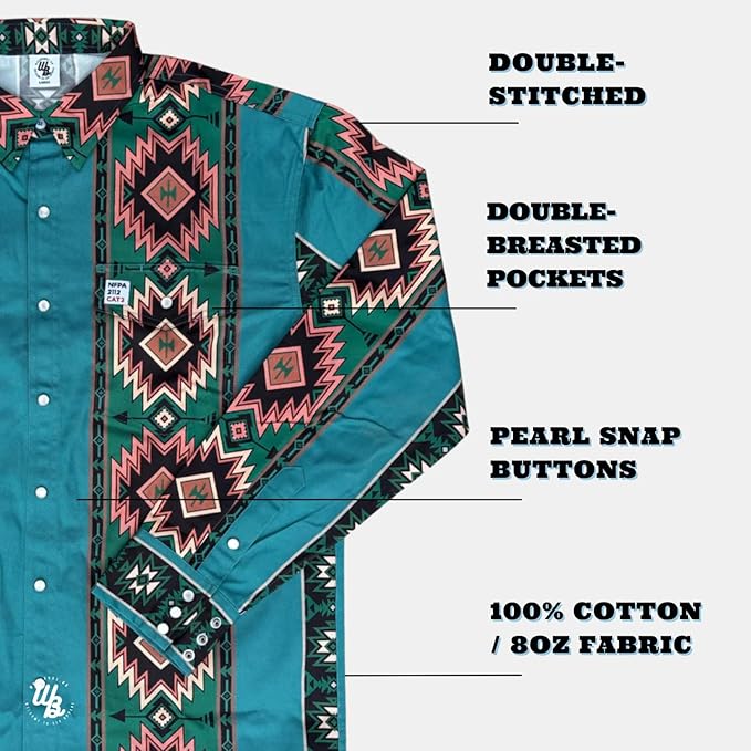 WoahBros FR Shirts for Men, 8oz Midweight Flame Resistant Welding Shirt, 100% Cotton, Pearl Snap Buttons - CAT2/NFPA2112