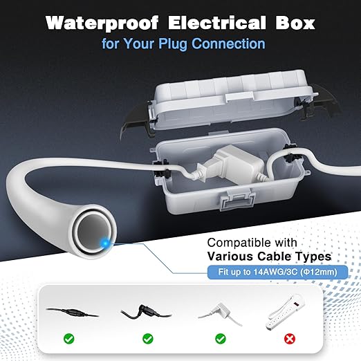 FLEMOON [2 Pack] IP55 Outdoor Electrical Box Waterproof with Detachable Awning Covers, 8.3 x 4.1 x 3.7 inch Weatherproof Extension Cord Cover, Easy Installation for Plug, String Lights, Light Gray