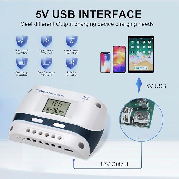 10A 30A Solar Charge Controller 12V/24V PWM Solar Charge Controller with LCD Display USB Port Suitable for FLD/LiFePO4/SLD/GEL