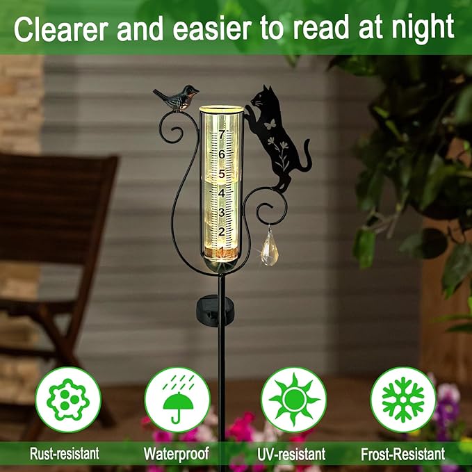 Rain Gauge Outdoor,Decorative Metal Black Cat and Bird Solar Light Stake with Rain Gauges Best Rated for Yard,Garden,Lawn, Pathway, 7" Glass Tube