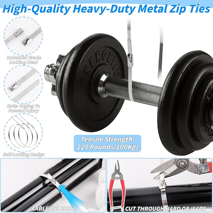 400PCS Metal Zip Ties Gun Kit, 6/8/12 Inch Heavy Duty Metal Zip Ties, Multi-Purpose Self-Locking Cable Tie Tool Set for Vehicles Farms Plants Fences Pipe Bundling, Scissors