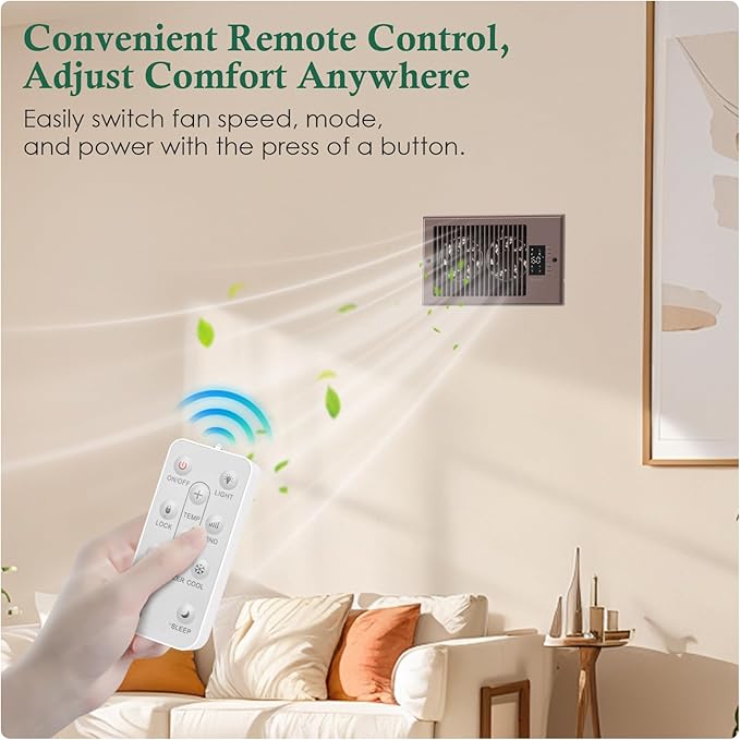 Register Booster Fan 6" x 10" with Negative Ion, Manual Airflow Direction Control, Quiet 10-Speed Heating Cooling AC Vent Fan with Remote & Thermostat Control for Wall Floor, Bronze