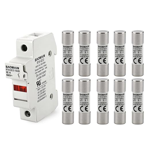 Baomain RT18-32 Fuse Holder Base with 10x8A Ceramic Fuses (10x38mm) – 1 Pole DIN Rail Mount, LED Indicator, CE Certified (8 Amp)