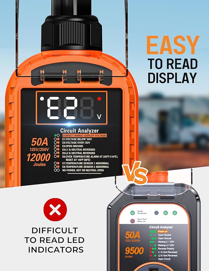 Smart 50 Amp RV Surge Protector with Auto Shutoff & Reset, 12,000J RV Surge Protector 50 Amp with LED Display, Voltage & Temperature Protection, IP67 Waterproof