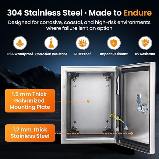 QILIPSU 304 Stainless Steel Electrical Box IP65 Waterproof Steel Project Enclosure Lockable Weatherproof Electric Junction Box for Indoor & Outdoor Use 14"x10"x6"