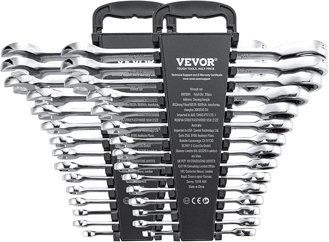 VEVOR Combination Wrench Set, 30-Piece Ratcheting Wrench Set with Organizer Rack, Cr-V Steel Wrench Set SAE 1/4" to 1", Metric 8 mm to 24 mm, Ideal for General Household, Garage, Workshop, Emergency