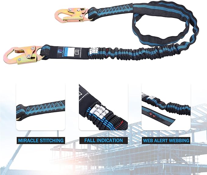 6 FT Safety Harness Lanyard with Double Heavy Duty Snap Hook, Single leg Abrasion Resistant Internal Shock Absorbing Fall Protection Lanyard, Construction Arborist Roofer, OSHA/ANSI Rated
