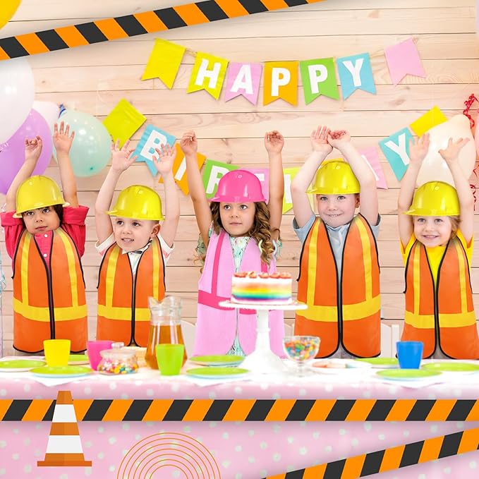 SATINIOR 24 Pcs Construction Birthday Party Supplies Kid Construction Hat and Vest Worker Costume Kids Role Play Dressing up