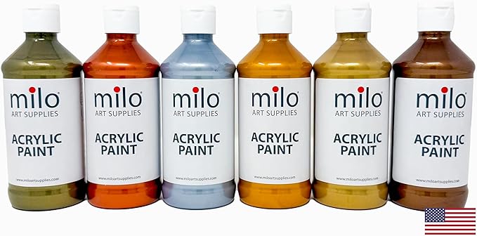 milo Metallic Acrylic Paint Set of 6 Colors | 8 oz Bottles | Student Metallic Colors Acrylics Painting Pack | Made in the USA | Non-Toxic Arts & Crafts Paints for Artists & Hobby Painters
