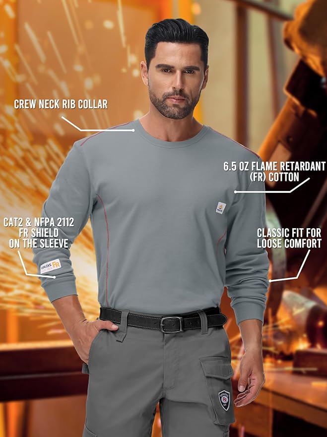 FR Shirts for Men CAT2/HRC2 6.5oz Lightweight Fire Resistant Shirts for Men Long Sleeve Crewneck T-Shirt