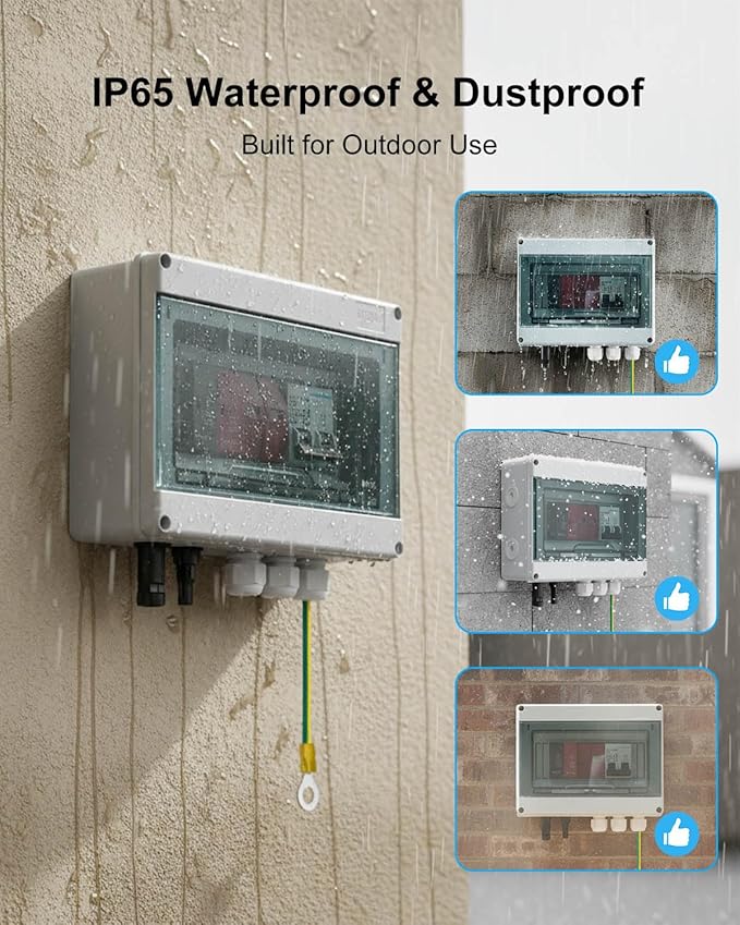 600V Solar DC PV Combiner Box, 1 String with Lightning Arrester Connector for On/Off Grid Solar Panel System, 1 Input 1 Out 32A Fuse, 63A Circuit Breaker, Waterproof ABS Enclosure