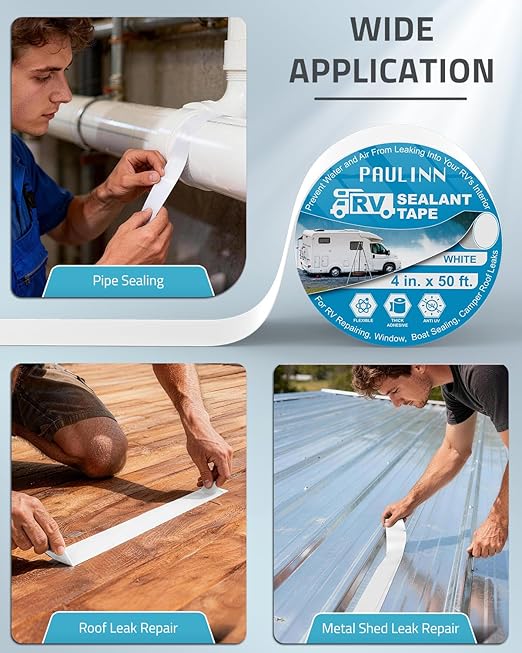 PAULINN RV Camper Roofing Repair Sealant Tape White, 4 Inch X 50 Foot Natural Rubber Roof Sealing Tape, UV & Weatherproof Roof Seal Tape for RV Camper Trailer Boat Sealing Leak Repair