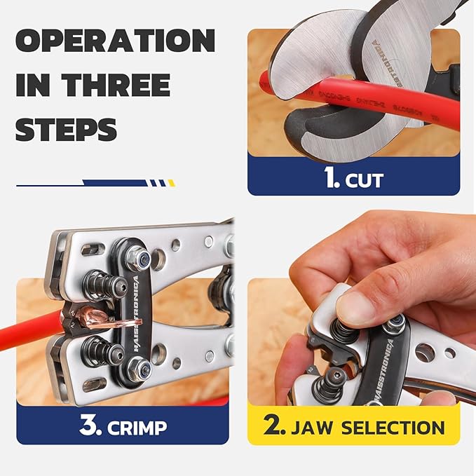 haisstronica Heavy Duty Battery Cable Crimping Tool Kit-Ratchet Hex Extended Handle Crimper for 8,6,4,2,1,1/0 AWG Copper Lugs with Blow Molded Box,Cable Cutter