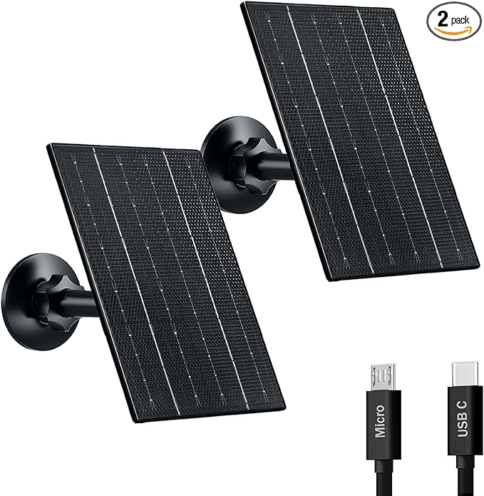 Zivif Solar Panel for Security Camera, USB/USB C Solar Panel Charger with Rechargeable Battery Powered Cameras, 9.8ft Cable, 360° Adjustable Mount (2 Pack)